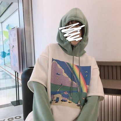 Rainbow Cartoon Print Hoodie Patchwork Loose Drawstring Sweatshirt Sweater Long Sleeve Pullover E-Girl Kawaii Korean Japanese Harajuku Streetwear