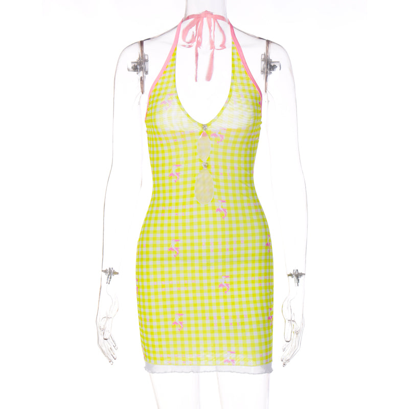 Yellow Plaid V Neck Halter Mini Dress