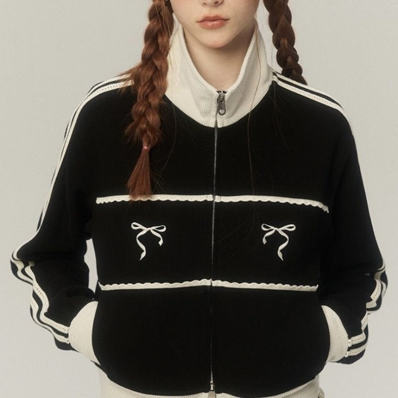 Grey Bow Embroidery Zipper Jacket