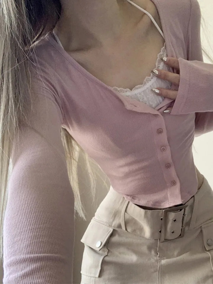 Pink Lace Patchwork Button Crop Top