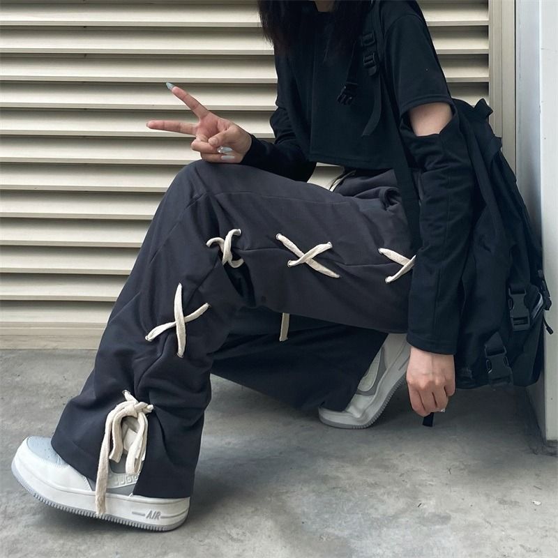 Black Side Bow Bandage High Waist Trousers