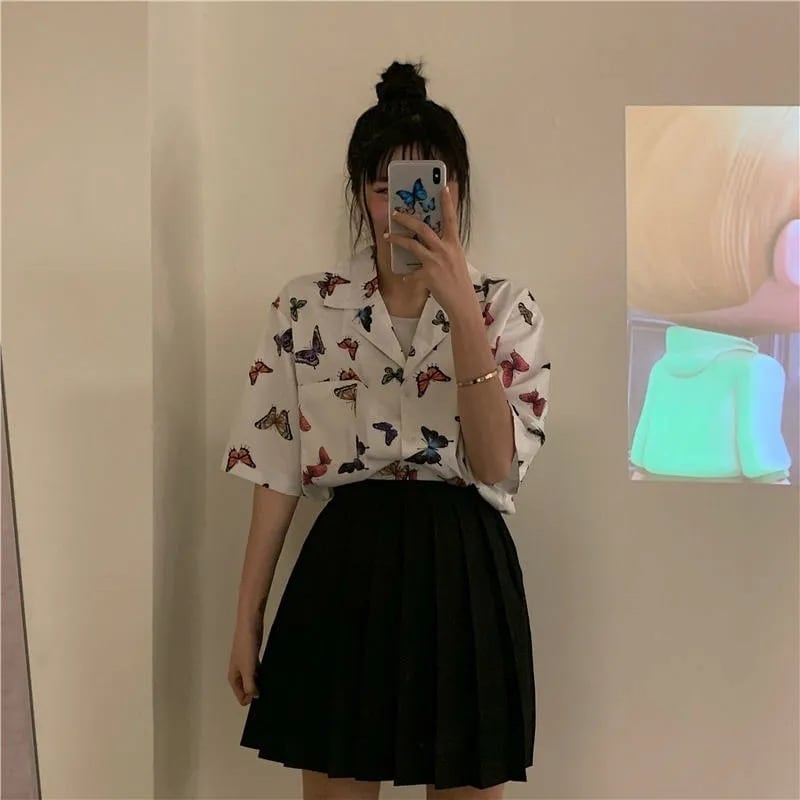 Cute Vintage White Butterfly Print Button Up Pocket Blouse Short Sleeve Shirt Top Loose Aesthetic E-Girl Kawaii Korean Japanese Harajuku Streetwear