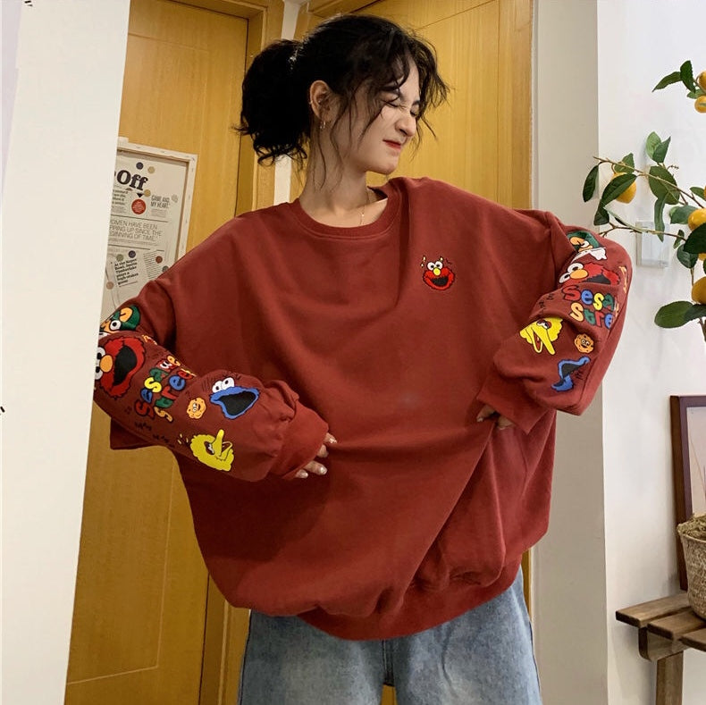 Funny Elmo Cartoon Print Loose Oversized Long Sleeve Sweatshirt Sweater Pullover Jumper Causal E-Girl Kawaii Korean Japanese Harajuku Streetwear