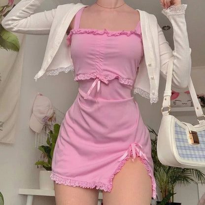 Cute Sweet Sexy Pink Slash Sleeveless Ruffles Sheath Tank Mini Bodycon Dress Aesthetic Casual E-Girl Kawaii Korean Japanese Harajuku