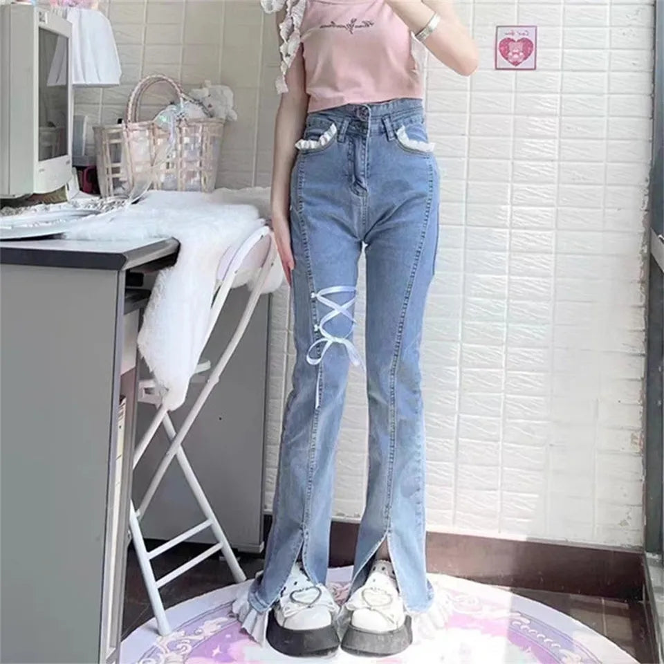 Sweet High Waist Lace Flare Jeans