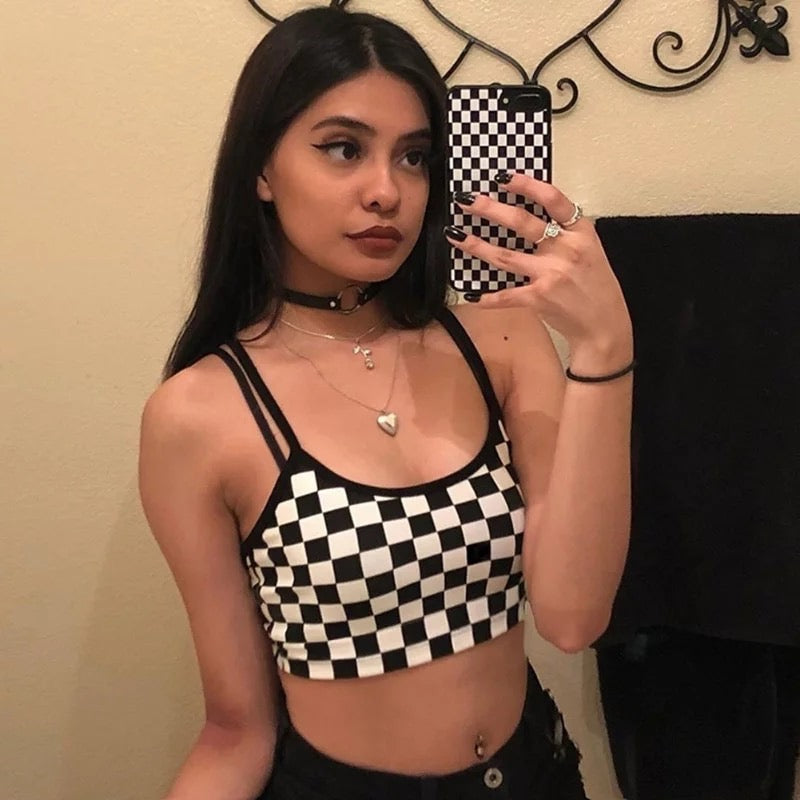 Cute Sexy Black White Checkered Plaid Tank Cami Crop Top Shirt Tee T-shirt E-Girl Kawaii Korean Japanese Harajuku Chinese Retro Streetwear Aesthetic