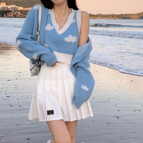 2PCS Blue Sky Cloud Vest + Knit Cardigan