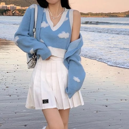 2PCS Blue Sky Cloud Vest + Knit Cardigan
