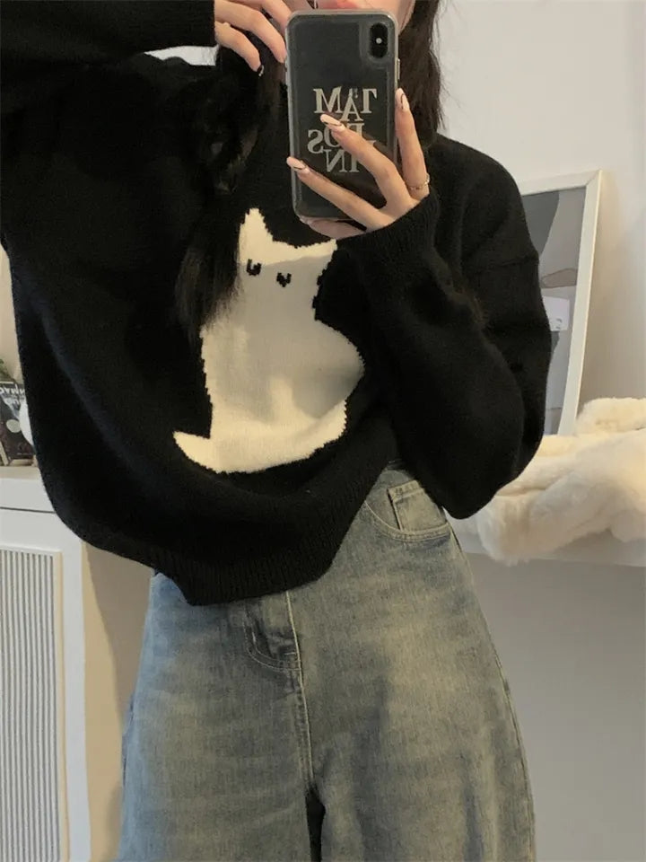 Black Cat Print Long Sleeve Sweater