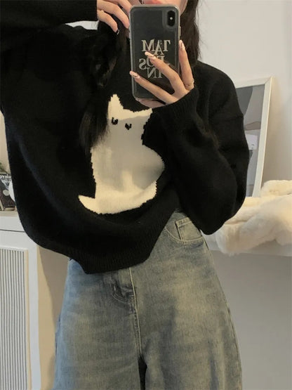 Black Cat Print Long Sleeve Sweater