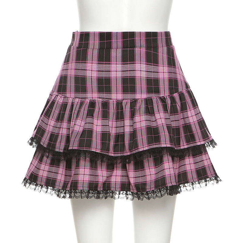 Pink Plaid Pleated Lace Mini Skirt