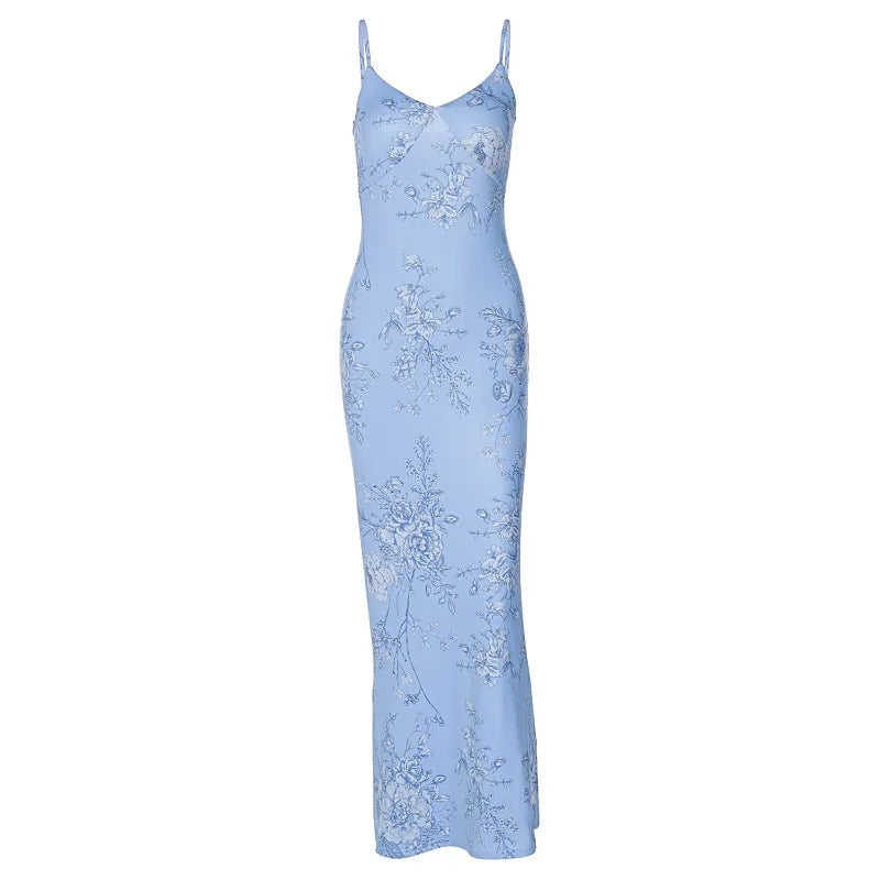 Blue Floral V Beach Maxi Dress