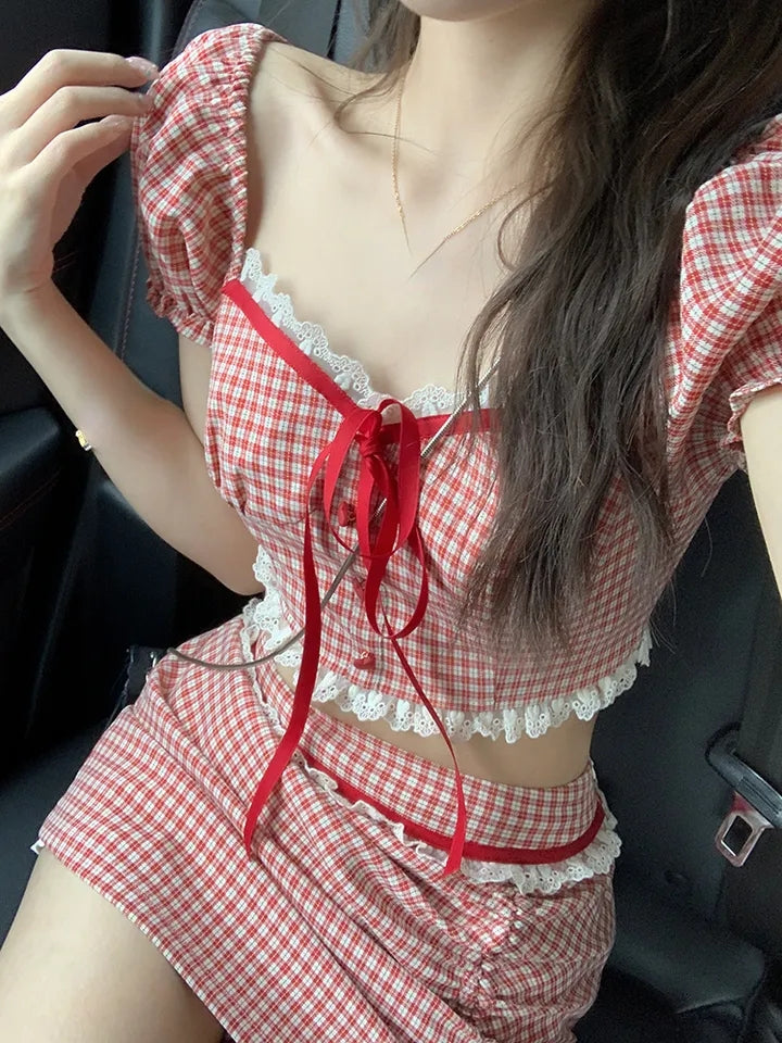 2PCS Red Plaid Crop Top + Mini Skirt