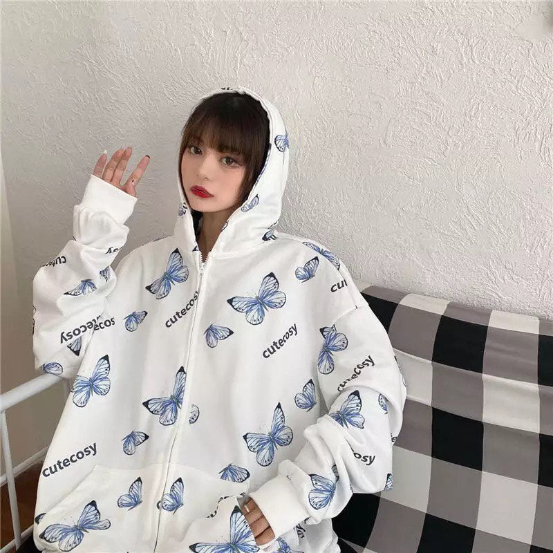 Cute Vintage Butterfly Print Oversize Zipper Hoodie Long Sleeve Pullover Jumper Autumn Aesthetic E-Girl Kawaii Korean Japanese Harajuku Streetwear