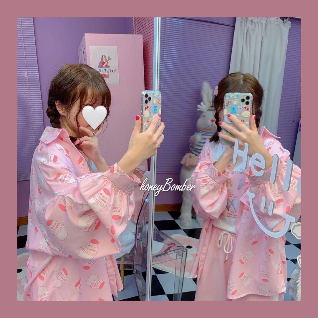 Cute Pastel Pink Strawberry Milk Yogurt Drink Blouse Long Sleeve Shirt Button Up Top Summer Casual E-Girl Kawaii Korean Japanese Harajuku Streetwear