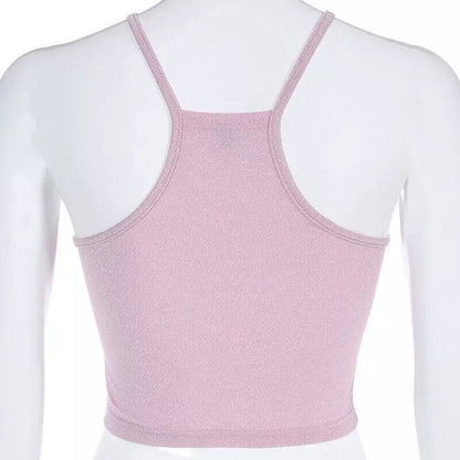Heart Pink Sequin Halter Neck Crop Top Sleeveless Shirt Camisole Summer Aesthetic Casual E-Girl Kawaii Korean Japanese Harajuku