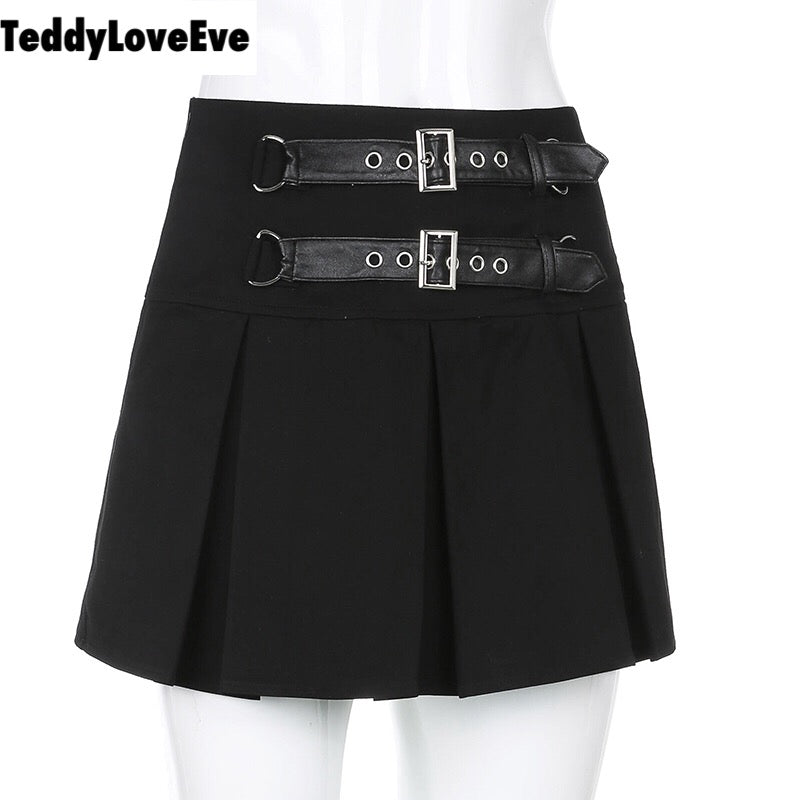 Cute Goth Dark Grunge Punk Pleated High Waisted Rivet Patchwork Mini Skirt Bottoms E-Girl Kawaii Korean Japanese Harajuku Streetwear