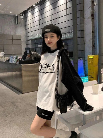 Cat Pixel Print Long Sleeve Shirt