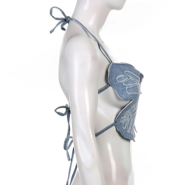Cute Sexy Butterfly Denim Backless Crop Top Sleeveless Shirt Party Beach Summer Aesthetic Casual E-Girl Kawaii Korean Japanese Harajuku