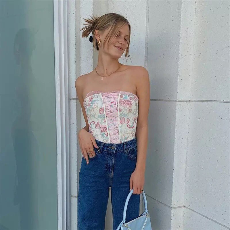 Pink Floral Print Corset Bandage Bustier Crop Top Sleeveless Shirt Summer Aesthetic Casual E-Girl Kawaii Korean Japanese Harajuku