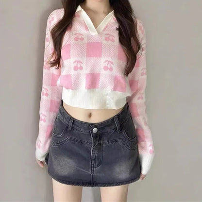 Cherry Plaid Polo Collar Sweater