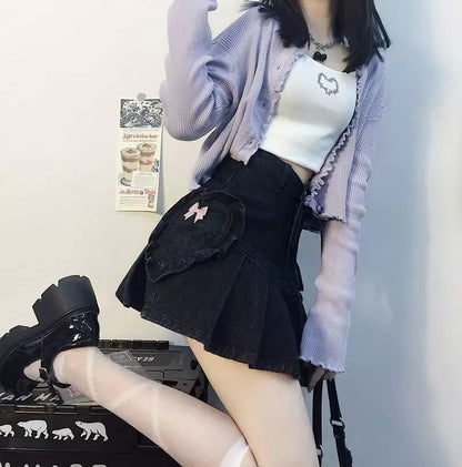 Cute Black Heart Bow Pocket Denim Mini Skirt High Waisted Pleated Aesthetic Goth Casual Summer E-Girl Kawaii Korean Japanese Harajuku