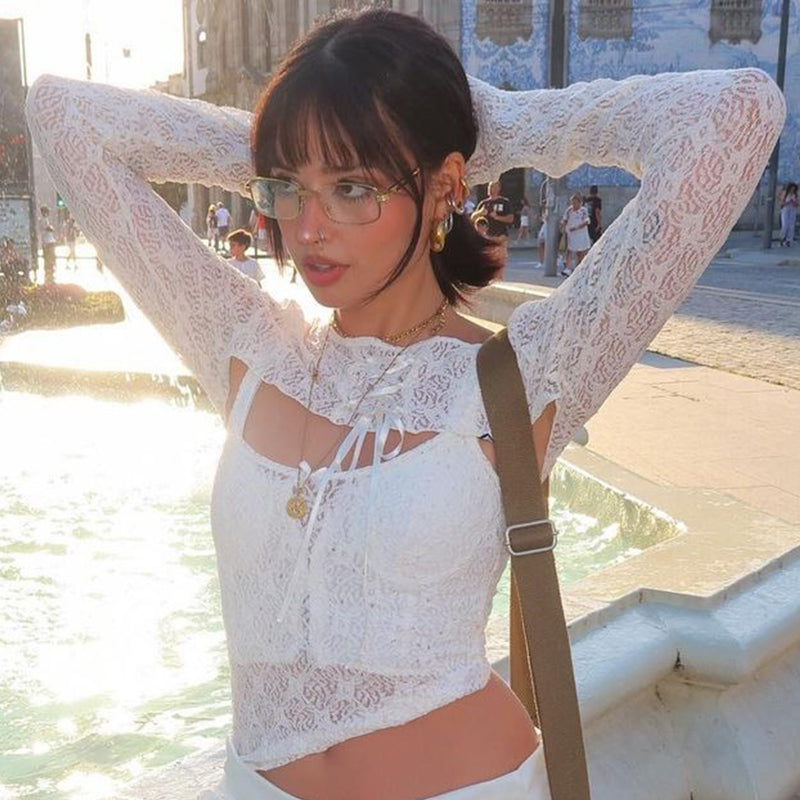 White Mesh Lace Long Sleeve Shirt