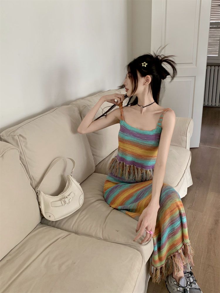 Rainbow Stripe Tassel Tank Top + Maxi Skirt