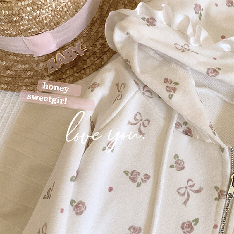 Bow Rose Print Loose Hoodie