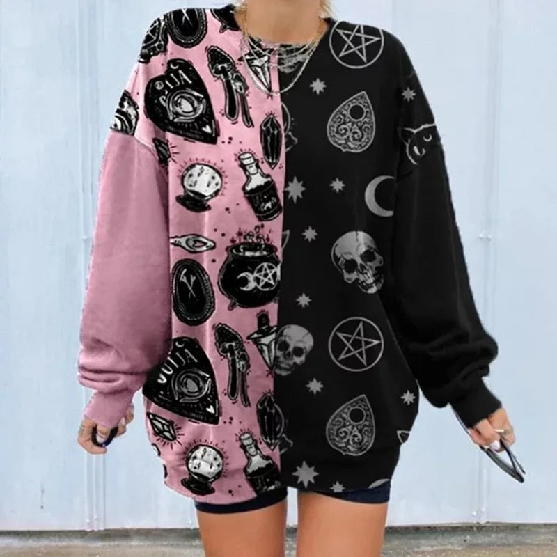 Skull Magic Witch Cartoon Print Patchwork Loose Sweater Sweatshirt Long Sleeve Pullover Goth Punk E-Girl Kawaii Korean Japanese Harajuku Streetwear