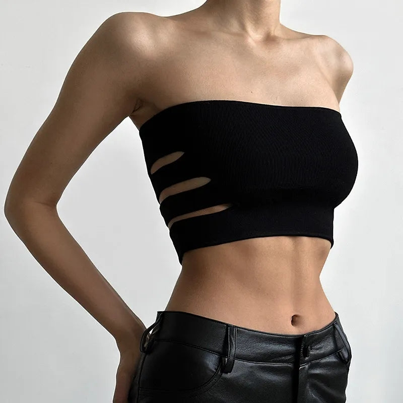 Black Strapless Hollow Out Tube Top