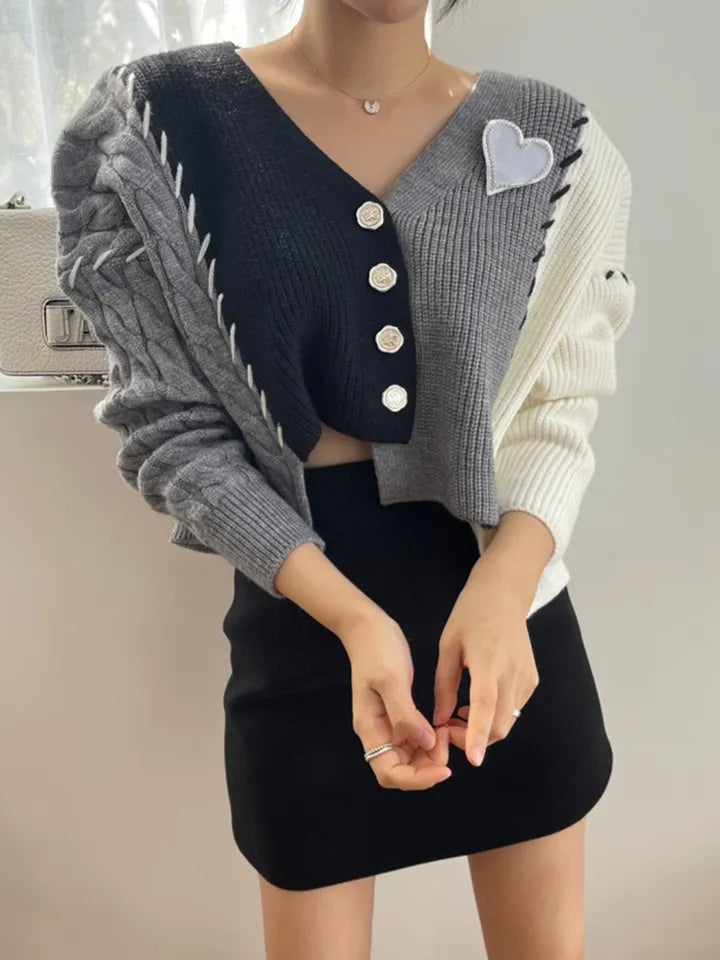Grey Heart V Neck Patchwork Cardigan