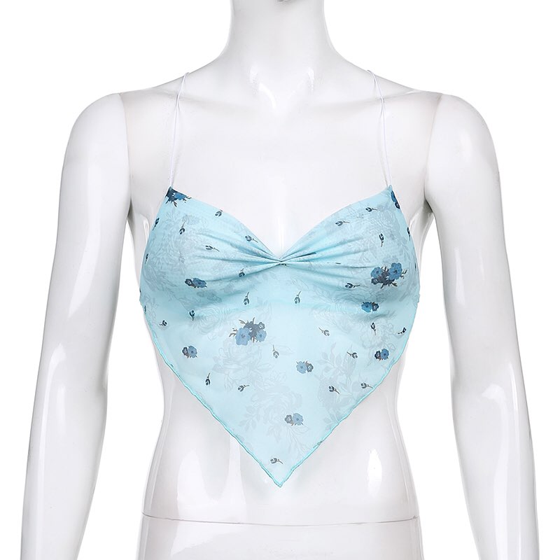 Cute Pink Blue Flower Print Mesh Halter Crop Top Blouse Sleeveless Shirt Club Party Summer Casual E-Girl Kawaii Korean Japanese Harajuku Streetwear