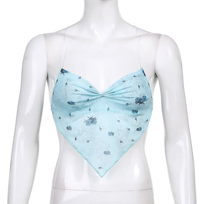 Cute Pink Blue Flower Print Mesh Halter Crop Top Blouse Sleeveless Shirt Club Party Summer Casual E-Girl Kawaii Korean Japanese Harajuku Streetwear