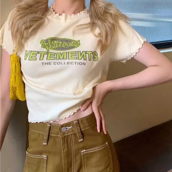 Cute Vintage Ruffle Off White Letter Print Short Sleeve Shirt Aesthetic Casual Summer E-Girl Kawaii Korean Japanese Harajuku