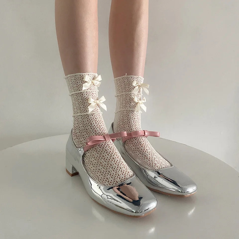 Hollow Out Lace Ruffle Bow Knit Socks