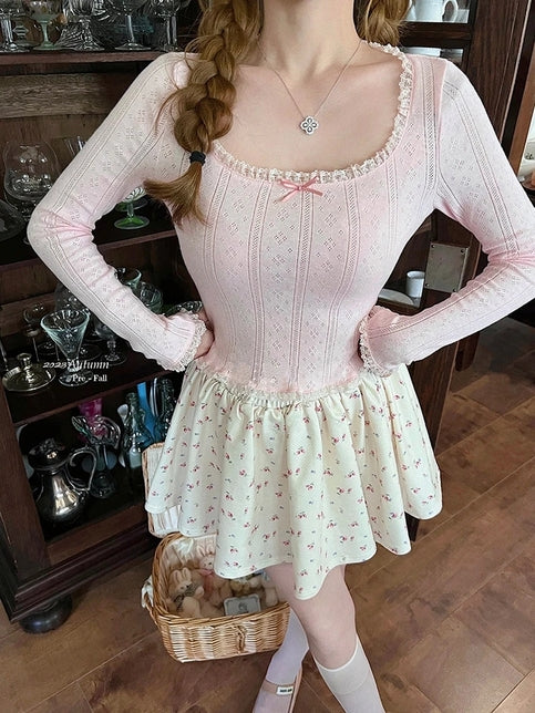 Pink Bow Lace Trim Long Sleeve Shirt