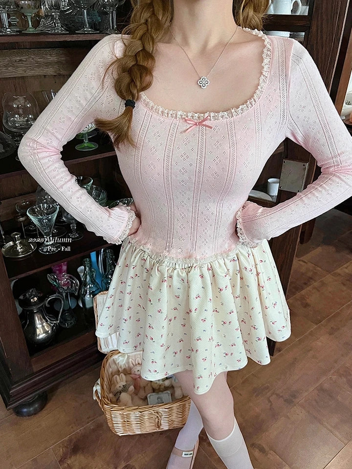 Pink Bow Lace Trim Long Sleeve Shirt