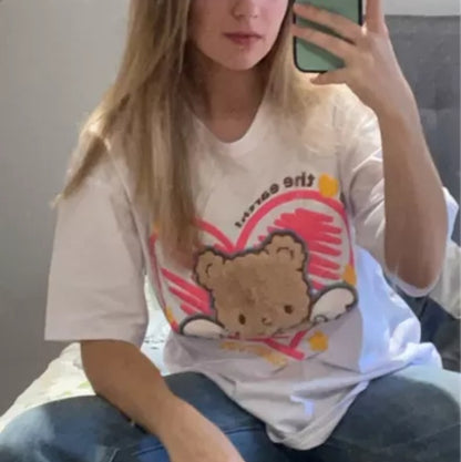 Cute Plush Bear Angel Love Heart Print Sleeveless Short Sleeve Shirt Top Aesthetic Casual E-Girl Kawaii Korean Japanese Harajuku