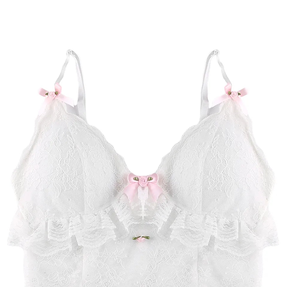 White Lace Bow Sheer Corset Top