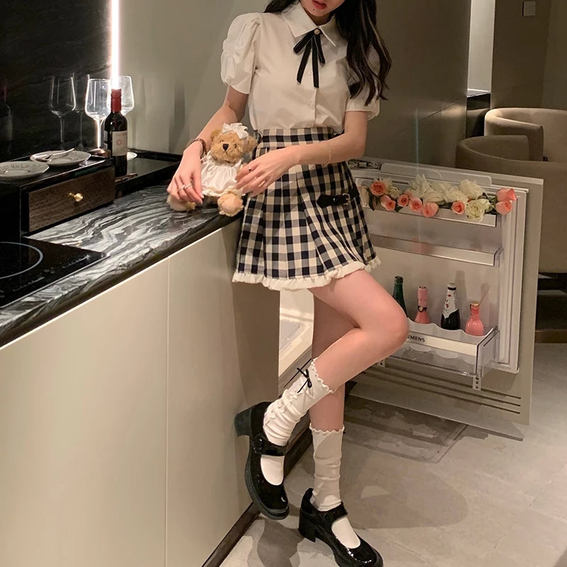 Cute 2pcs Set White Puff Ruffles Sleeve Shirt + Aline Pleated Preppy Mini Skirt Summer Aesthetic Casual E-Girl Kawaii Korean Japanese Harajuku