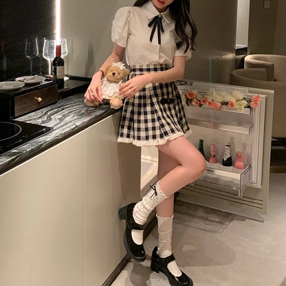 Cute 2pcs Set White Puff Ruffles Sleeve Shirt + Aline Pleated Preppy Mini Skirt Summer Aesthetic Casual E-Girl Kawaii Korean Japanese Harajuku