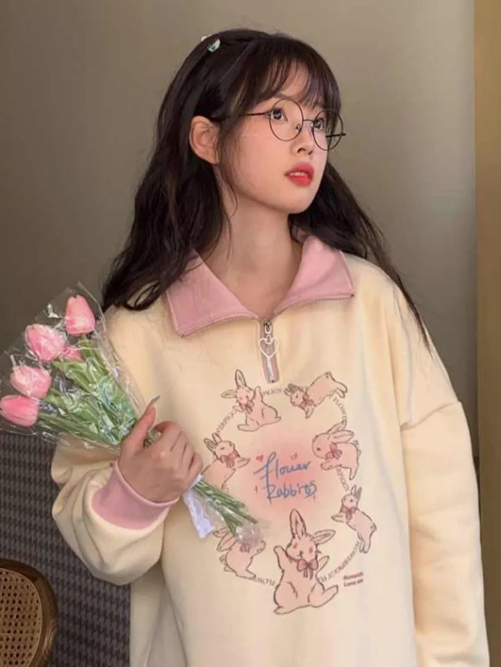 Rabbit Print Collar Zip Up Jacket