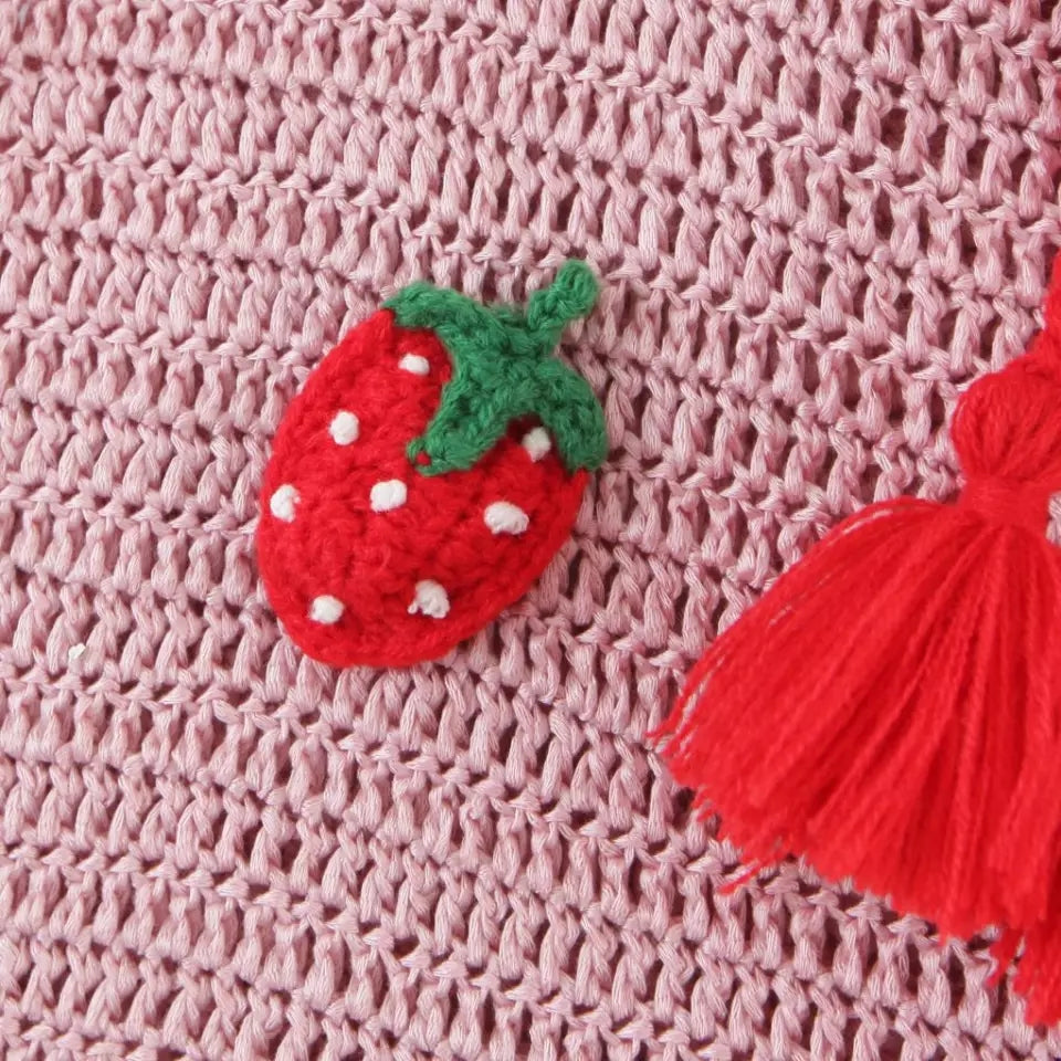 Pink Strawberry Crochet Knit Top + Sash Beach Mini Skirt
