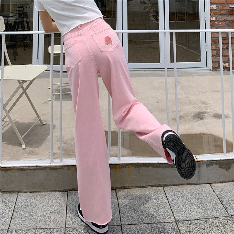 Pink Peach Embroidery Denim Pants