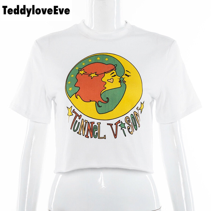 Cute White Girl Cartoon Moon Star Casual Crop Short Sleeve Shirt Tee T-shirt E-Girl Kawaii Korean Japanese Harajuku Chinese Retro Streetwear Aesthetic
