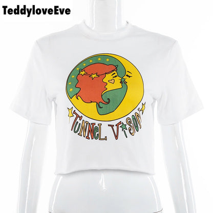 Cute White Girl Cartoon Moon Star Casual Crop Short Sleeve Shirt Tee T-shirt E-Girl Kawaii Korean Japanese Harajuku Chinese Retro Streetwear Aesthetic