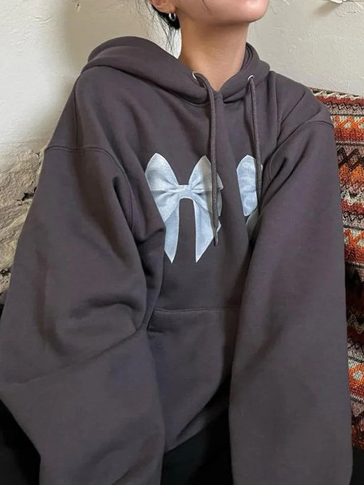 Bow Print Loose Hoodie