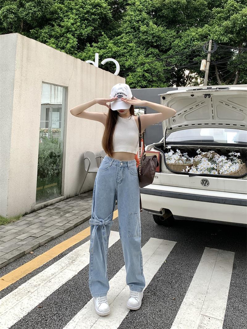 Bow High Waist Straight Leg Jeans