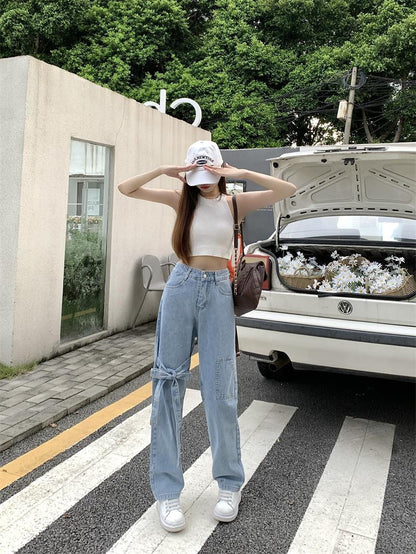 Bow High Waist Straight Leg Jeans